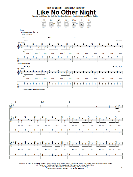38 Special Like No Other Night sheet music notes and chords arranged for Guitar Tab