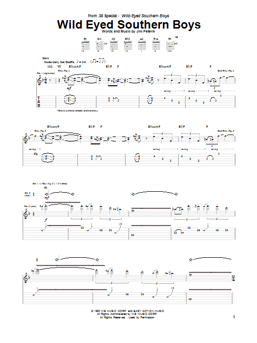 Learn to play 38 Special Wild Eyed Southern Boys sheet music for Guitar Tab in minutes. Price: 7.8900$ 38 Special Wild Eyed Southern Boys sheet music notes and chords arranged for Guitar Tab