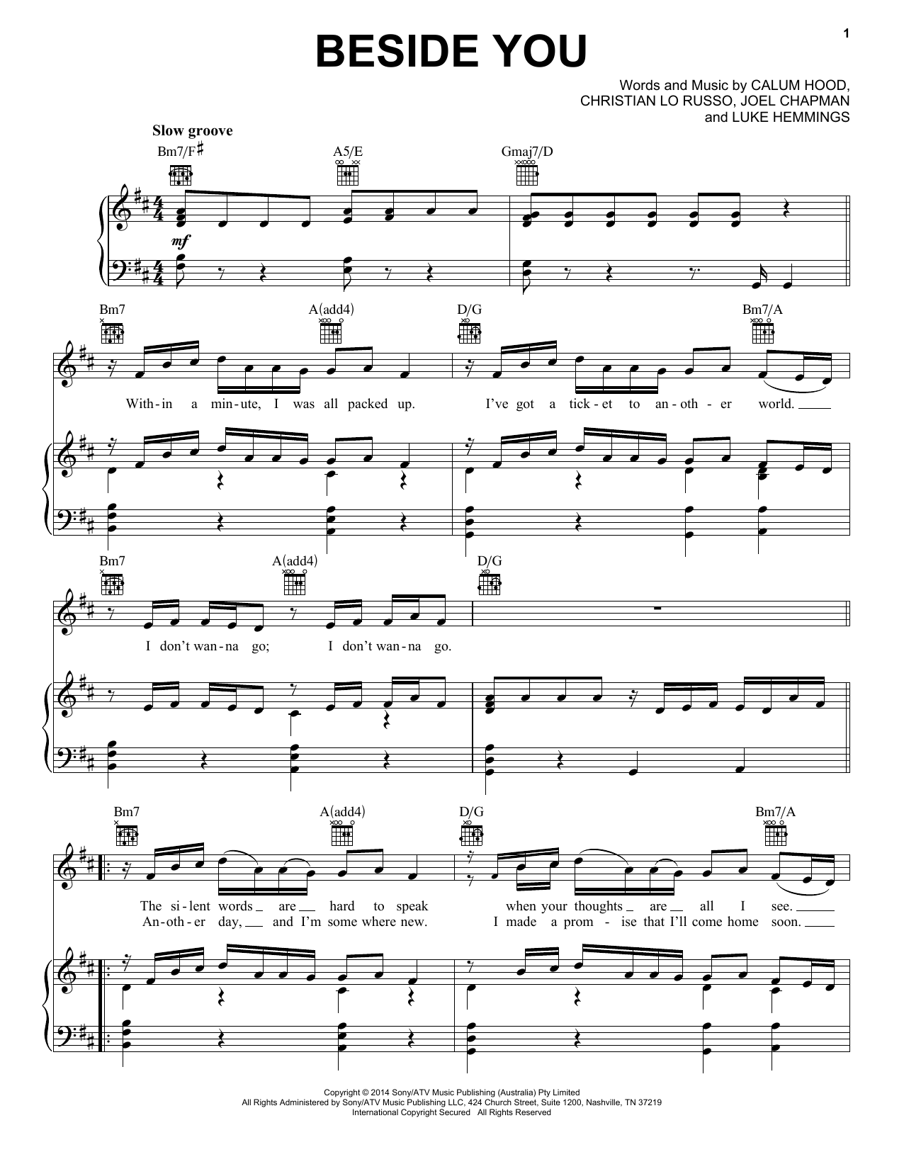 5 Seconds of Summer Beside You sheet music notes and chords arranged for Piano, Vocal & Guitar Chords (Right-Hand Melody)