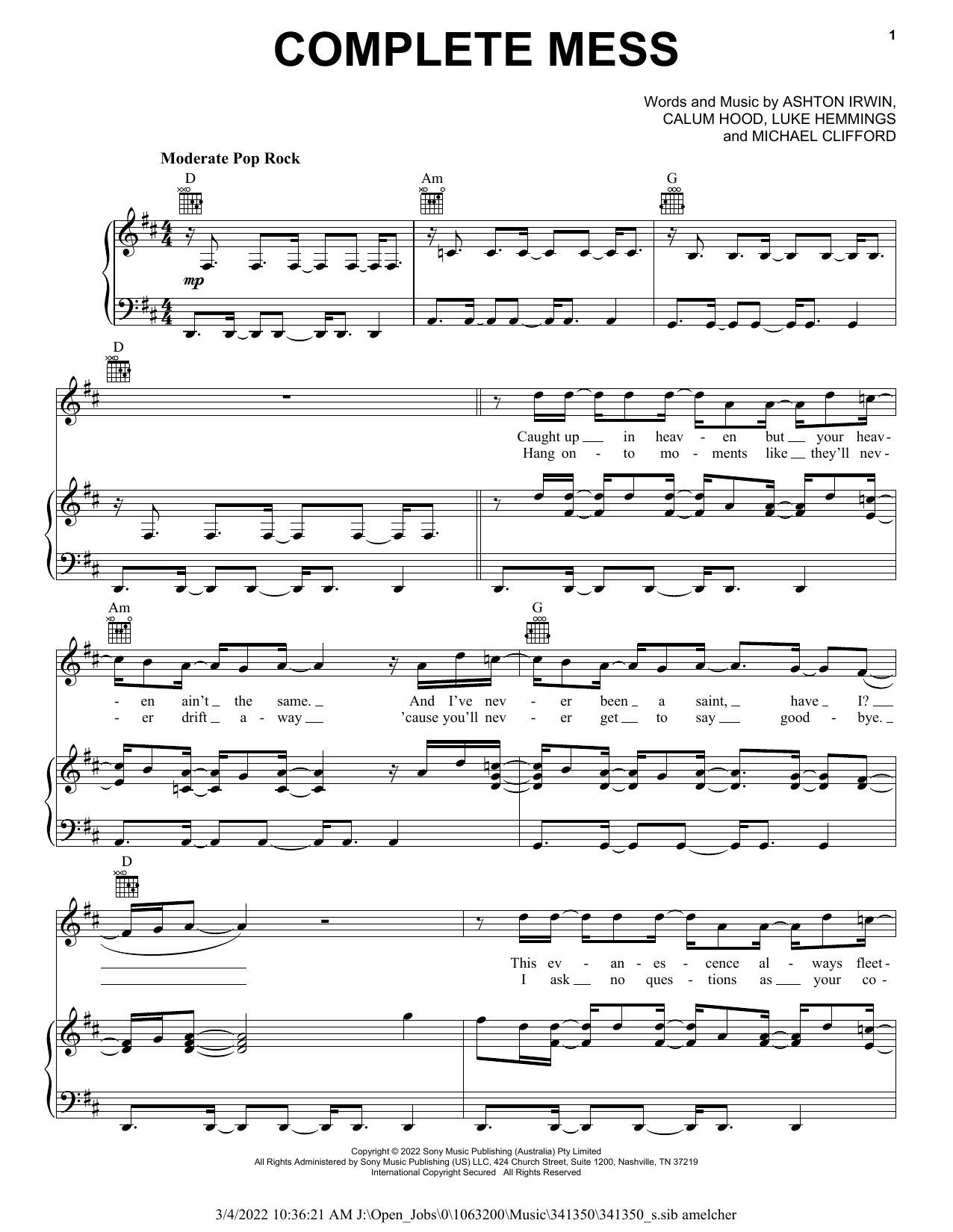 Learn to play 5 Seconds of Summer Complete Mess sheet music for Piano, Vocal & Guitar Chords (Right-Hand Melody) in minutes. Price: 7.8900$ 5 Seconds of Summer Complete Mess sheet music notes and chords arranged for Piano, Vocal & Guitar Chords (Right-Hand Melody)