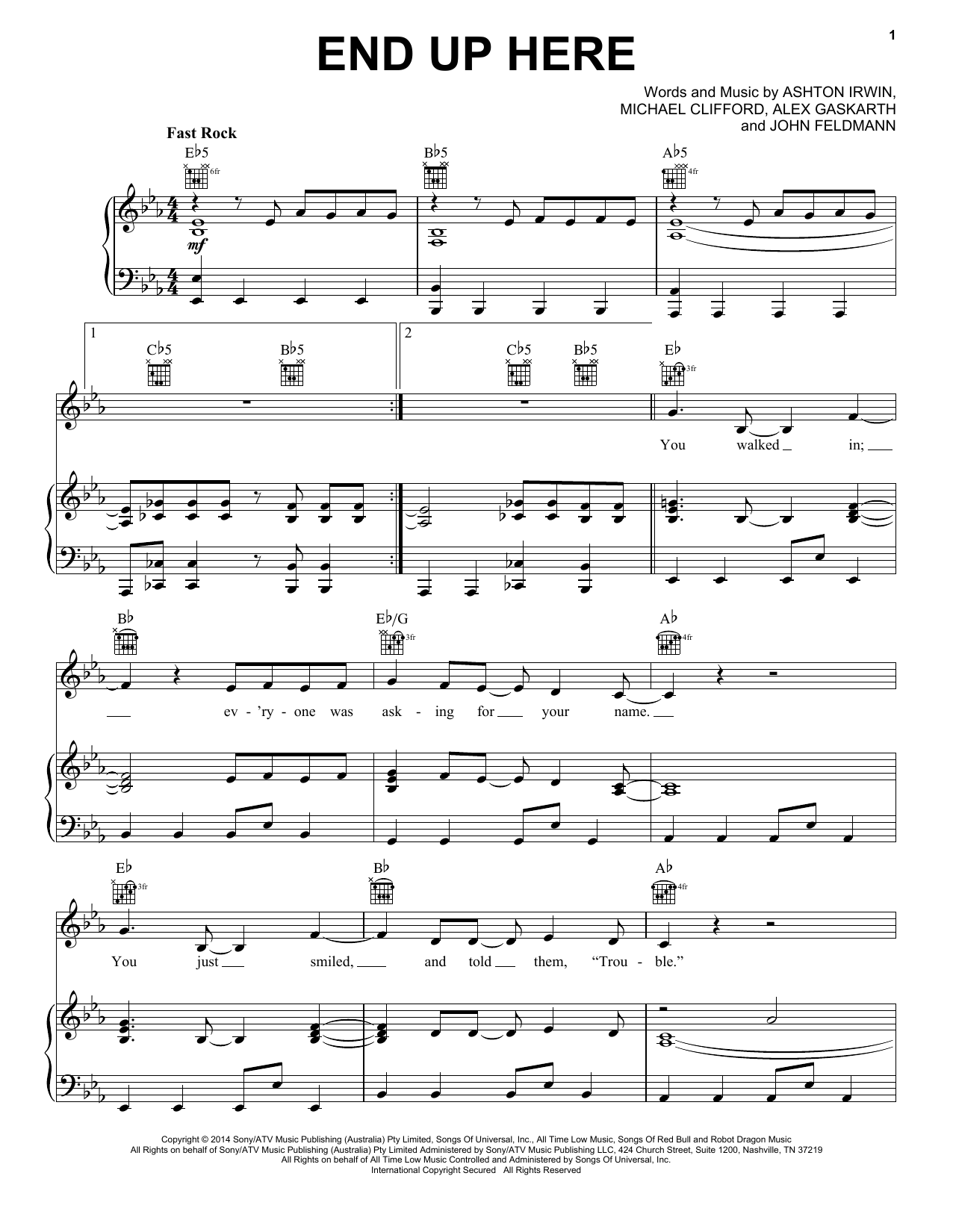 5 Seconds of Summer End Up Here sheet music notes and chords arranged for Piano, Vocal & Guitar Chords (Right-Hand Melody)