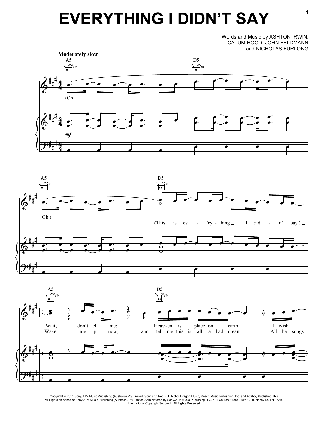 5 Seconds of Summer Everything I Didn't Say sheet music notes and chords arranged for Piano, Vocal & Guitar Chords