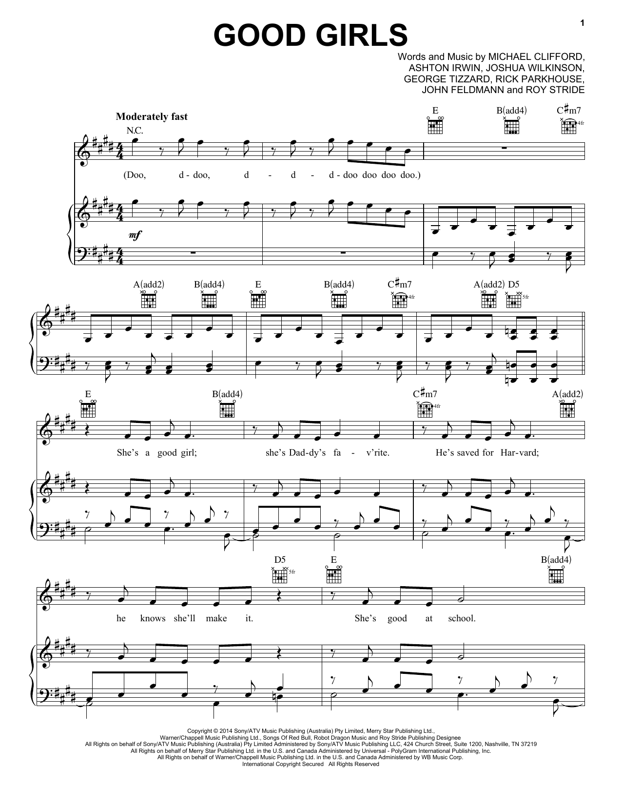 5 Seconds of Summer Good Girls sheet music notes and chords arranged for Piano, Vocal & Guitar Chords