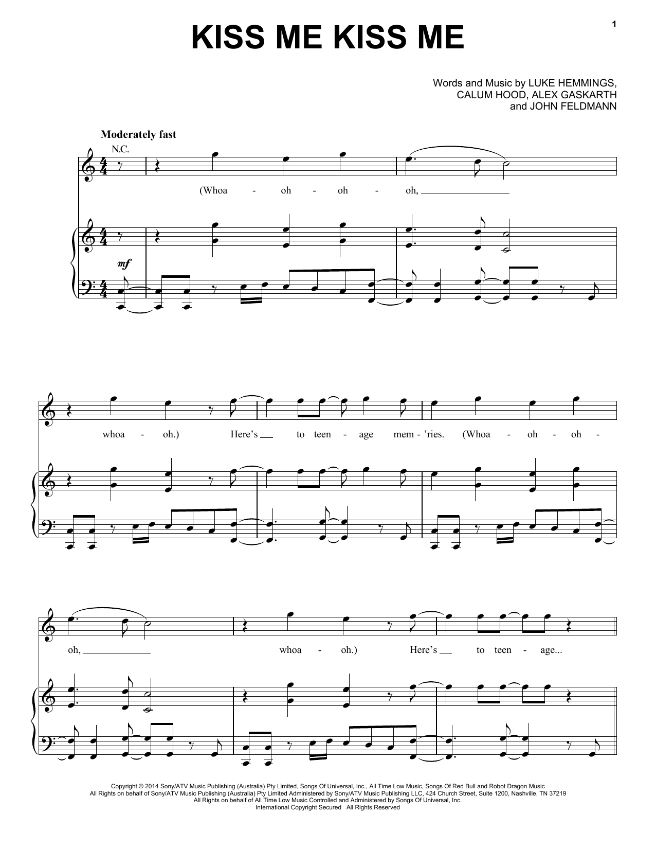5 Seconds of Summer Kiss Me Kiss Me sheet music notes and chords arranged for Piano, Vocal & Guitar Chords