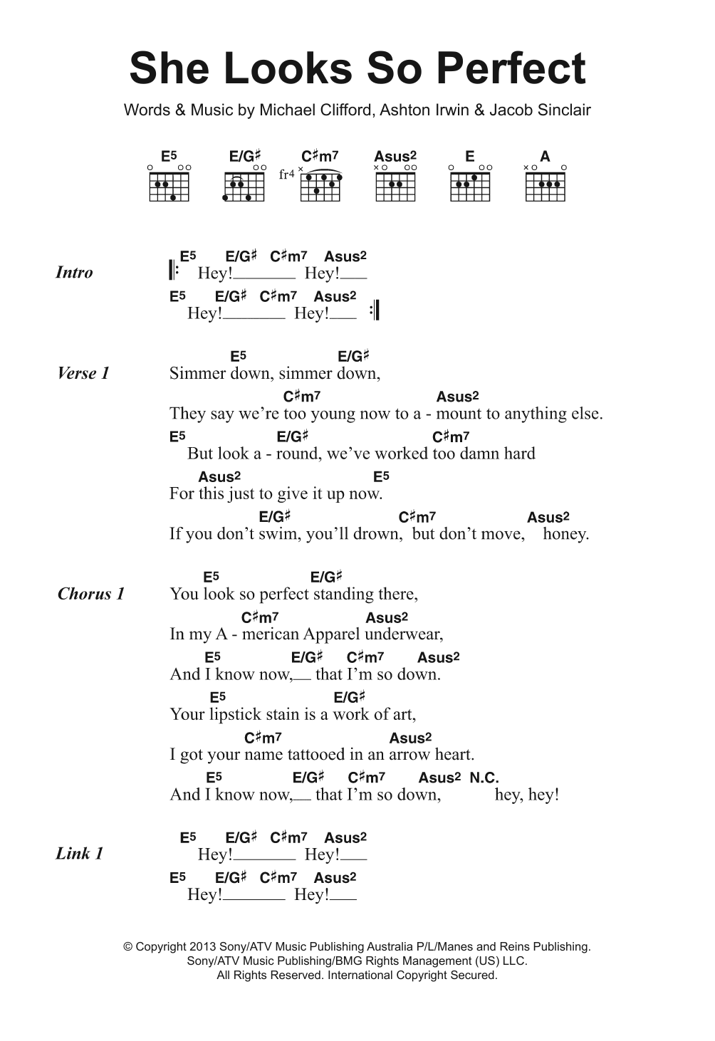 5 Seconds of Summer She Looks So Perfect sheet music notes and chords arranged for Piano, Vocal & Guitar Chords (Right-Hand Melody)