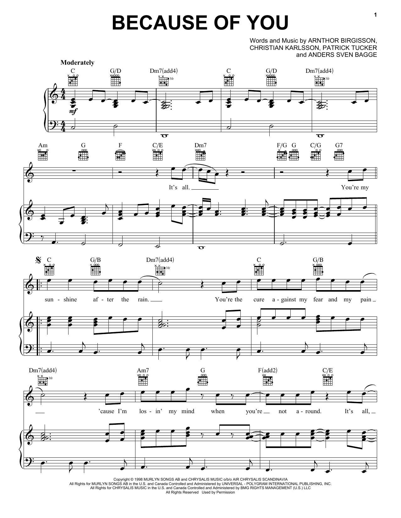 98 Degrees Because Of You sheet music notes and chords arranged for Piano, Vocal & Guitar Chords (Right-Hand Melody)