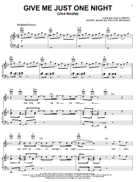98 Degrees Give Me Just One Night (Una Noche) sheet music notes and chords arranged for Piano, Vocal & Guitar Chords (Right-Hand Melody)