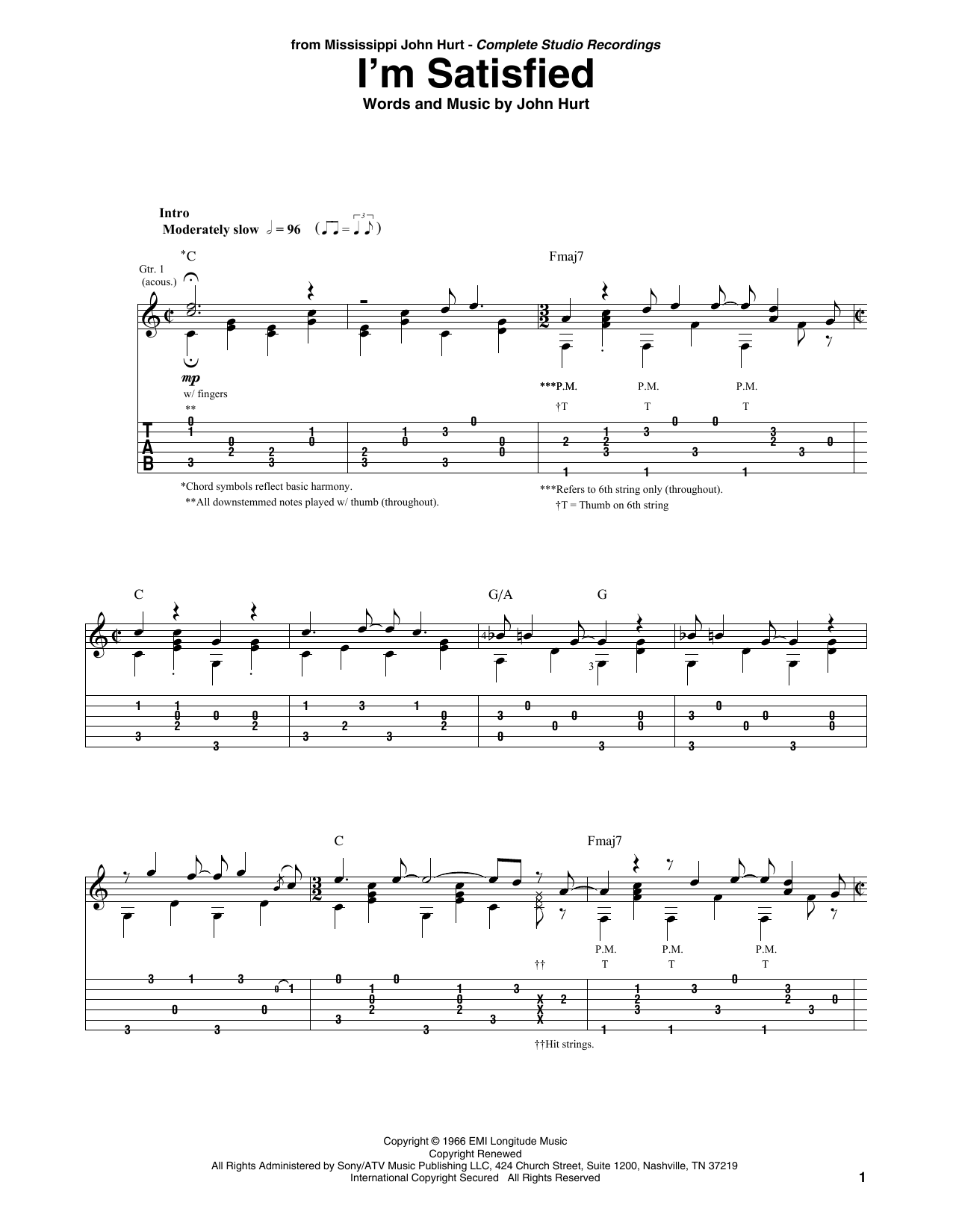 'Mississippi' John Hurt I'm Satisfied sheet music notes and chords. Download Printable PDF.