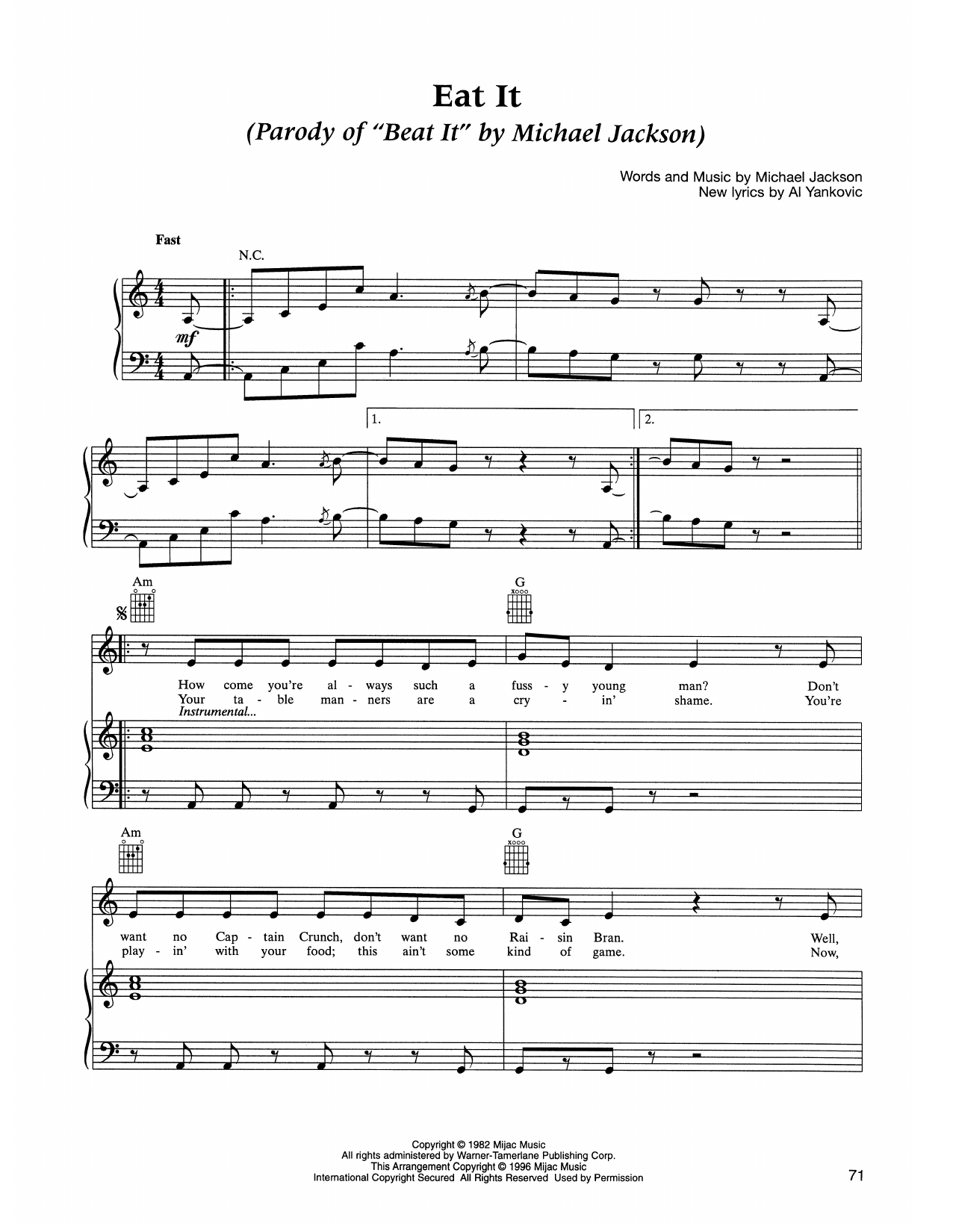 Weird Al Yankovic Eat It sheet music notes and chords arranged for Piano, Vocal & Guitar Chords (Right-Hand Melody)