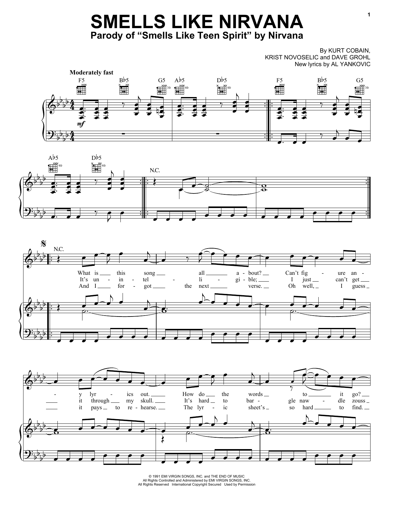 Weird Al Yankovic Smells Like Nirvana sheet music notes and chords. Download Printable PDF.