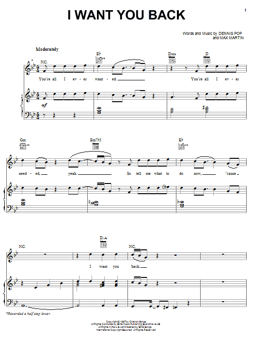 'N Sync I Want You Back sheet music notes and chords arranged for Piano, Vocal & Guitar Chords (Right-Hand Melody)