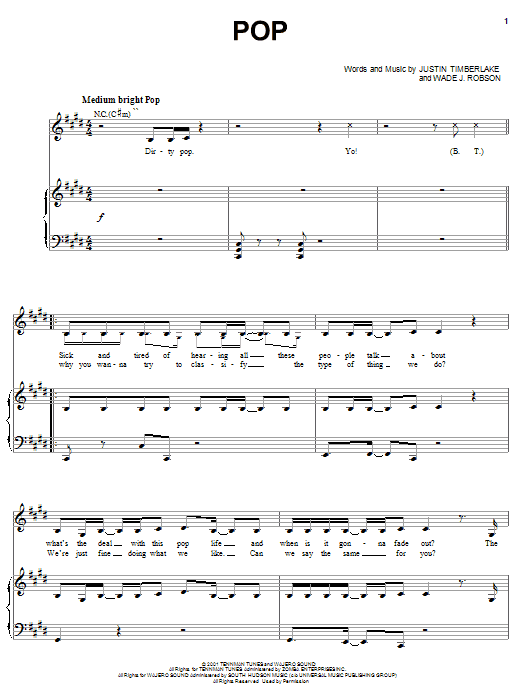 'N Sync Pop sheet music notes and chords arranged for Piano, Vocal & Guitar Chords (Right-Hand Melody)