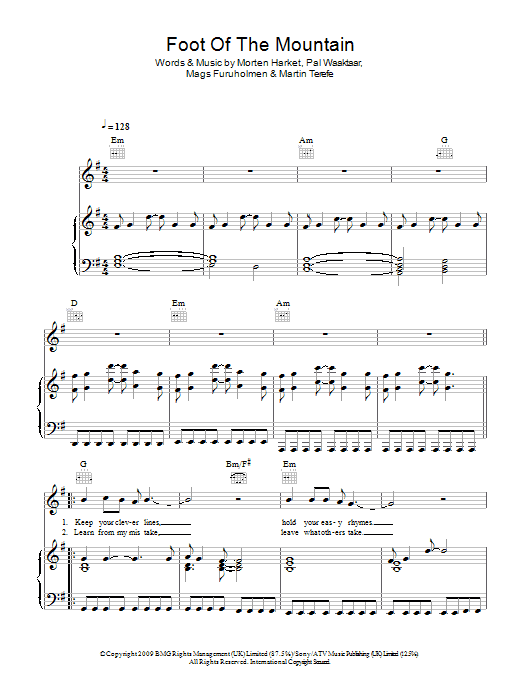 A-Ha Foot Of The Mountain sheet music notes and chords arranged for Piano, Vocal & Guitar Chords