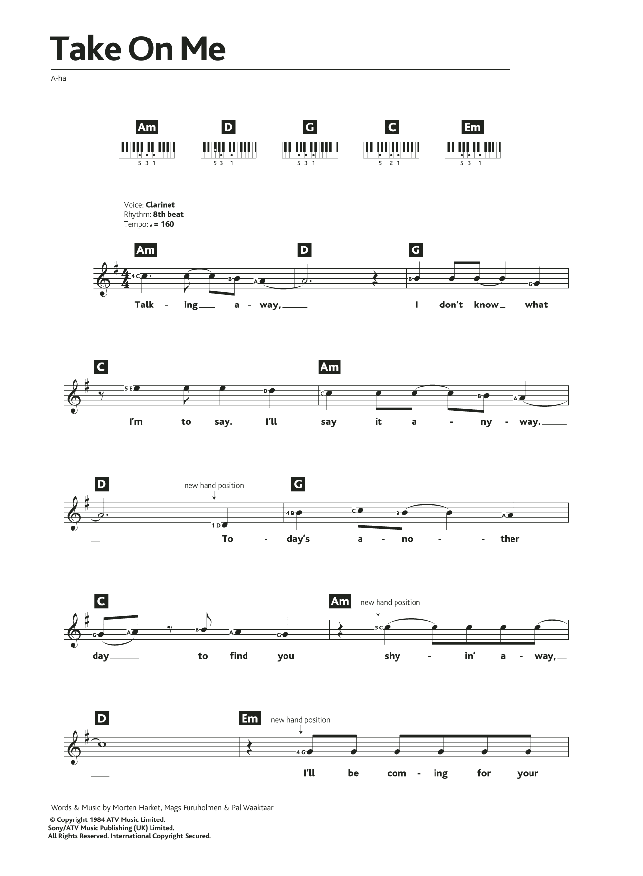 A-Ha Take On Me sheet music notes and chords arranged for Piano Chords/Lyrics