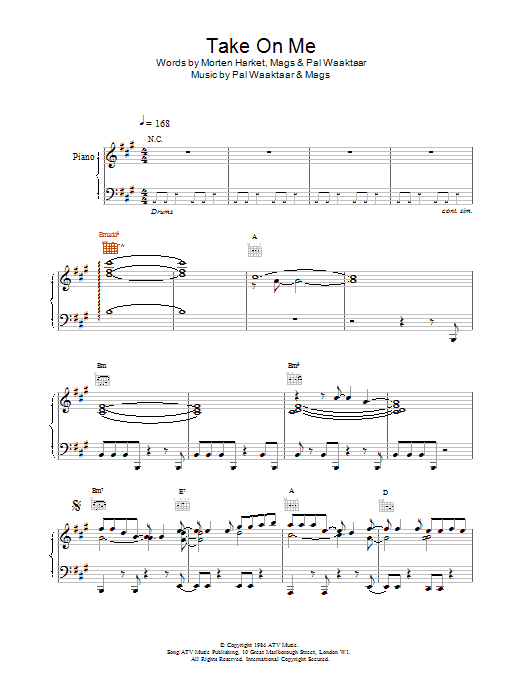 A-Ha Take On Me sheet music notes and chords. Download Printable PDF.