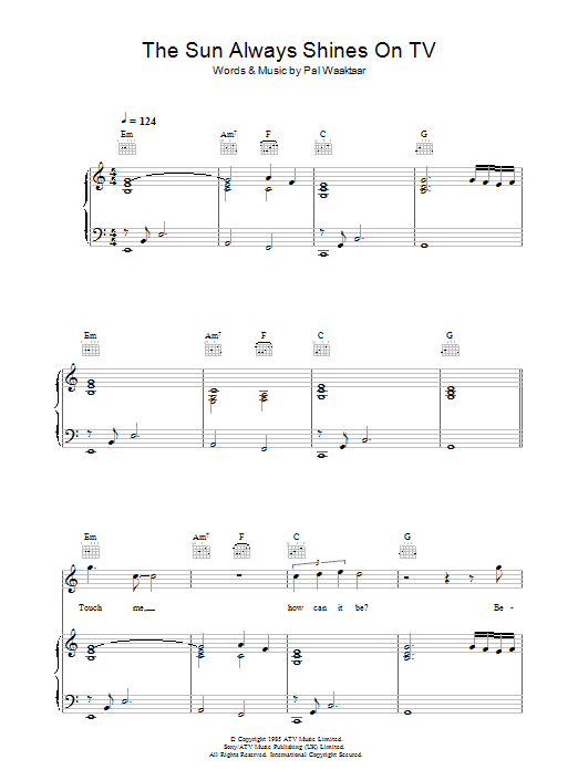 A-Ha The Sun Always Shines On TV sheet music notes and chords arranged for Piano, Vocal & Guitar Chords