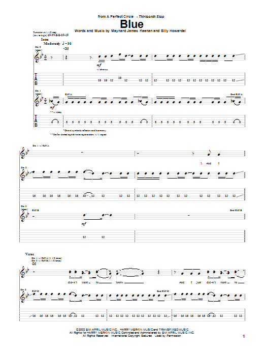 Learn to play A Perfect Circle Blue sheet music for Guitar Tab in minutes. Price: 7.8900$ A Perfect Circle Blue sheet music notes and chords arranged for Guitar Tab