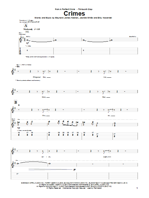 Learn to play A Perfect Circle Crimes sheet music for Guitar Tab in minutes. Price: 7.8900$ A Perfect Circle Crimes sheet music notes and chords arranged for Guitar Tab