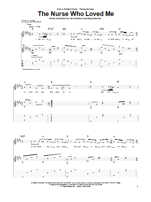 Learn to play A Perfect Circle The Nurse Who Loved Me sheet music for Guitar Tab in minutes. Price: 7.8900$ A Perfect Circle The Nurse Who Loved Me sheet music notes and chords arranged for Guitar Tab