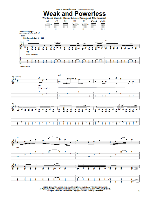 Learn to play A Perfect Circle Weak And Powerless sheet music for Guitar Tab in minutes. Price: 7.8900$ A Perfect Circle Weak And Powerless sheet music notes and chords arranged for Guitar Tab