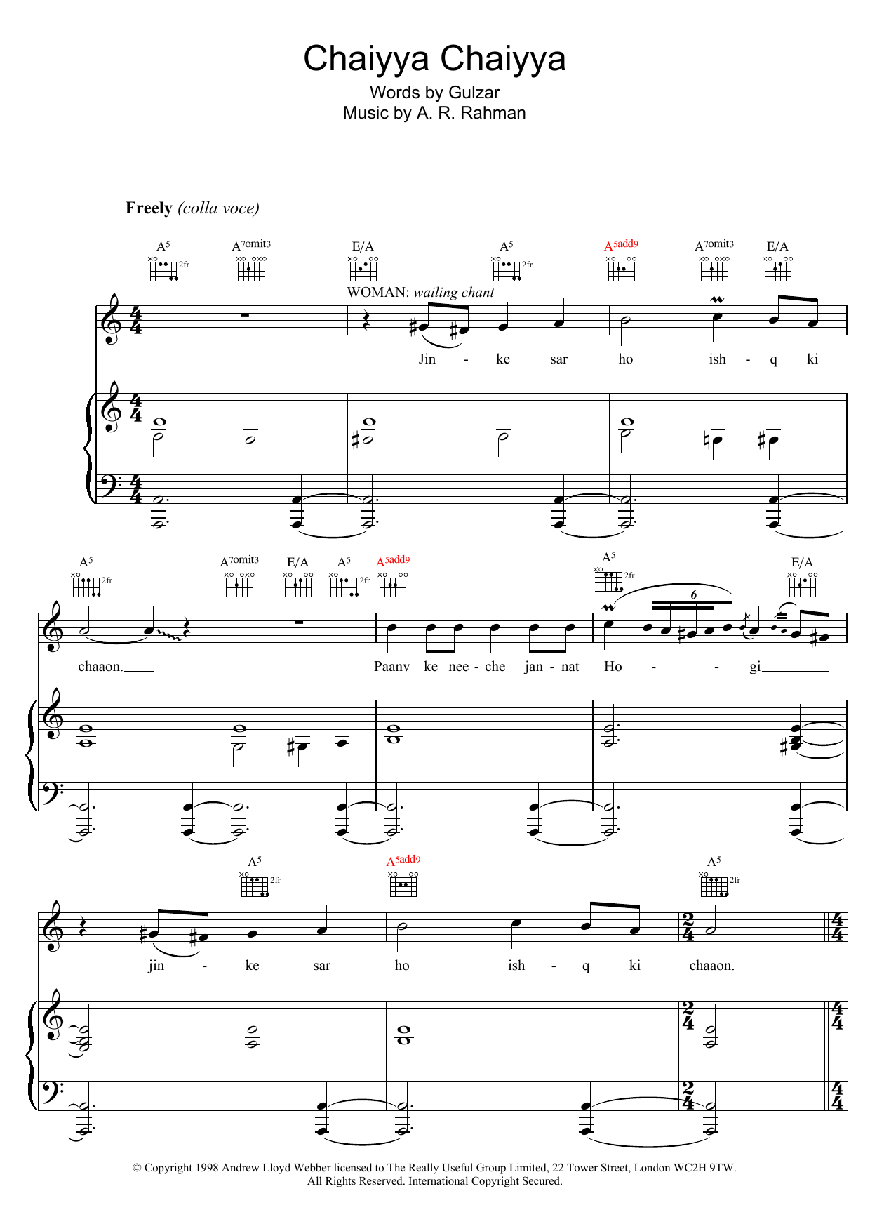 A. R. Rahman Chaiyya Chaiyya sheet music notes and chords arranged for Piano, Vocal & Guitar Chords