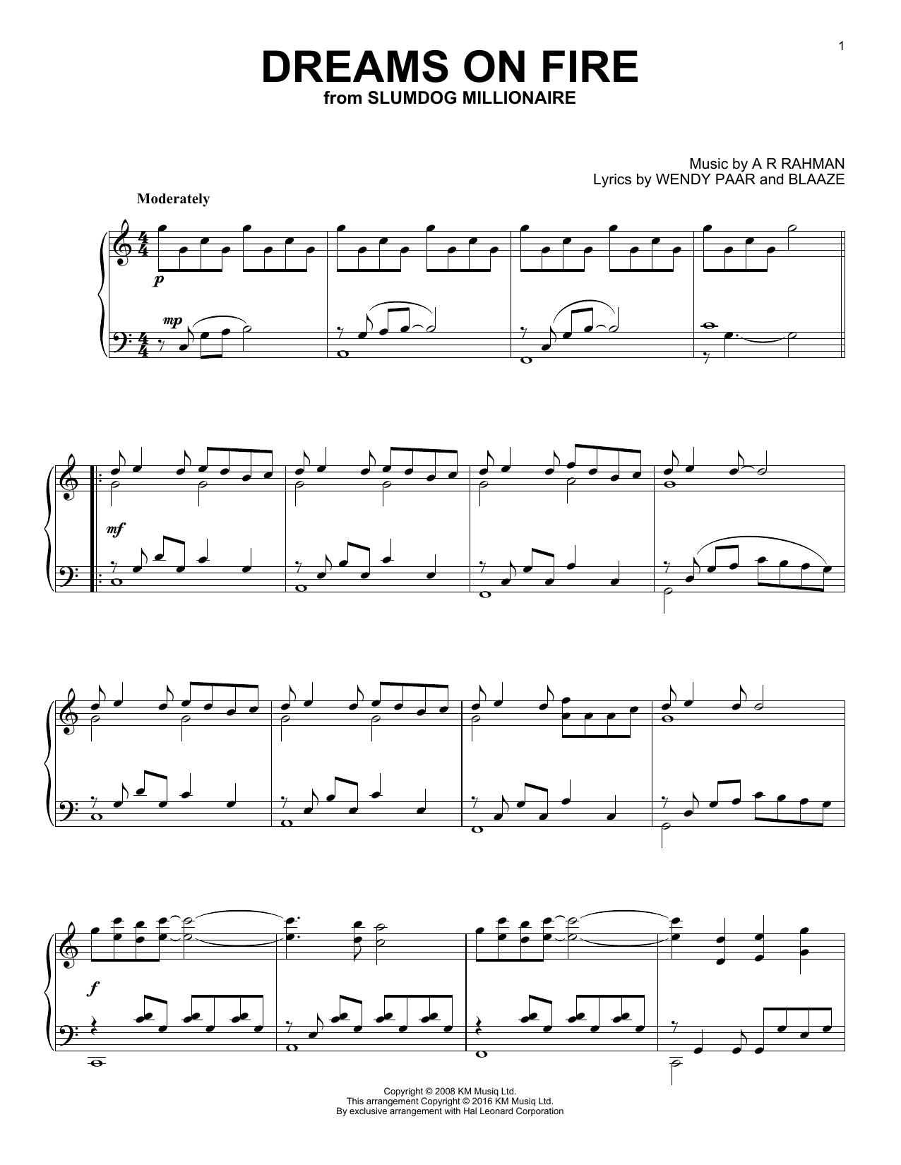 A. R. Rahman Dreams On Fire sheet music notes and chords arranged for Piano Solo