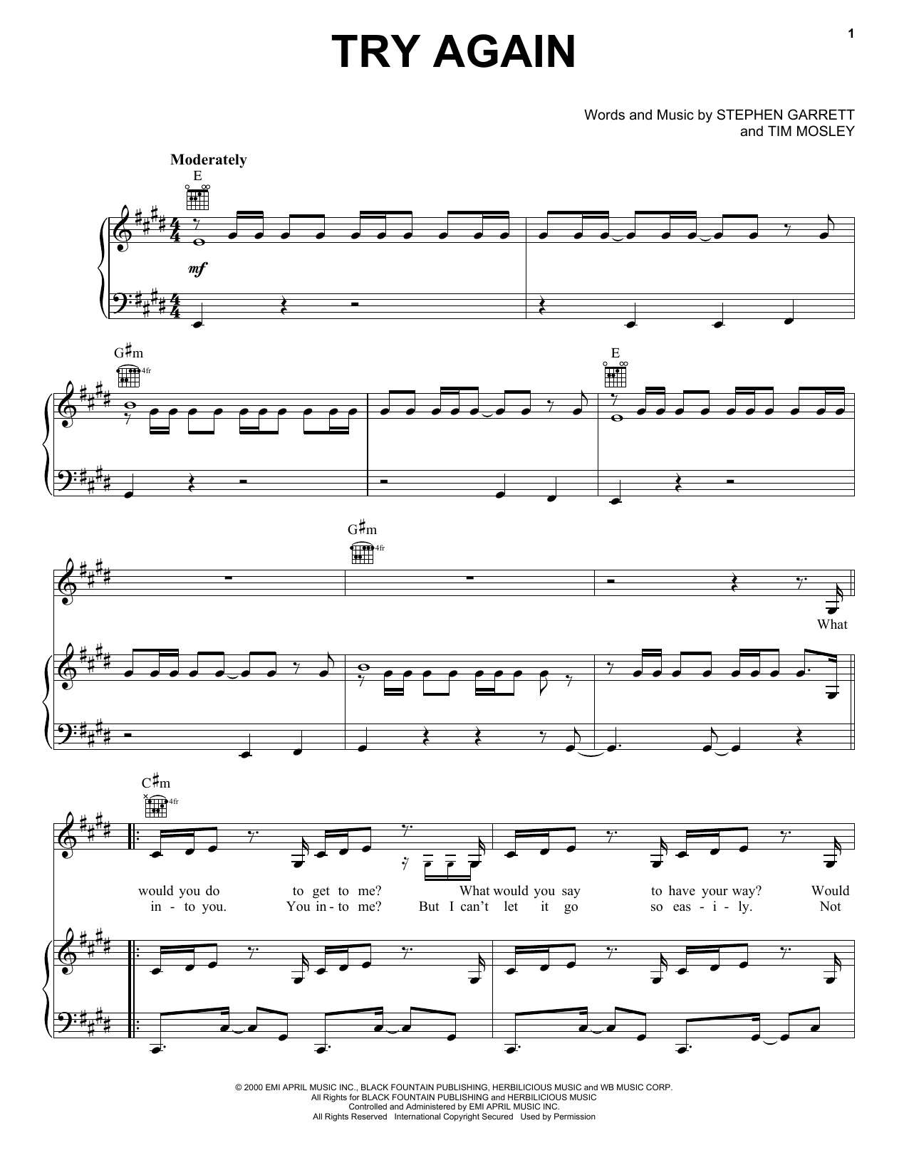 Learn to play Aaliyah Try Again sheet music for Piano, Vocal & Guitar Chords (Right-Hand Melody) in minutes. Price: 7.8900$ Aaliyah Try Again sheet music notes and chords arranged for Piano, Vocal & Guitar Chords (Right-Hand Melody)