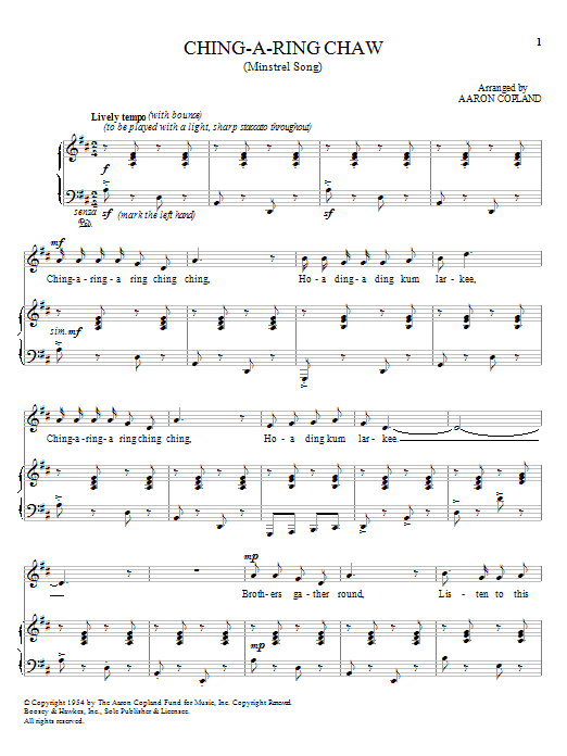 Aaron Copland Ching-A-Ring Chaw sheet music notes and chords arranged for Piano & Vocal