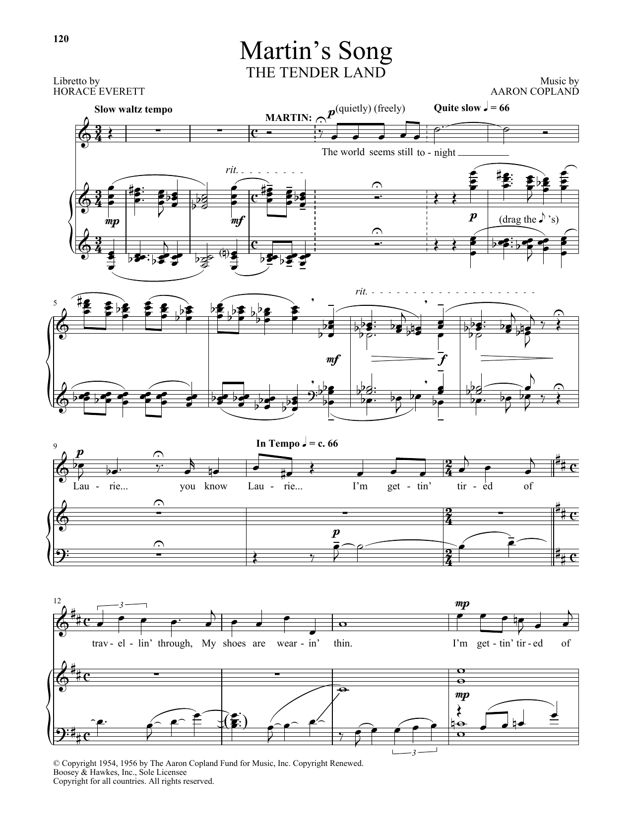 Aaron Copland Martin's Song (from The Tender Land) sheet music notes and chords. Download Printable PDF.