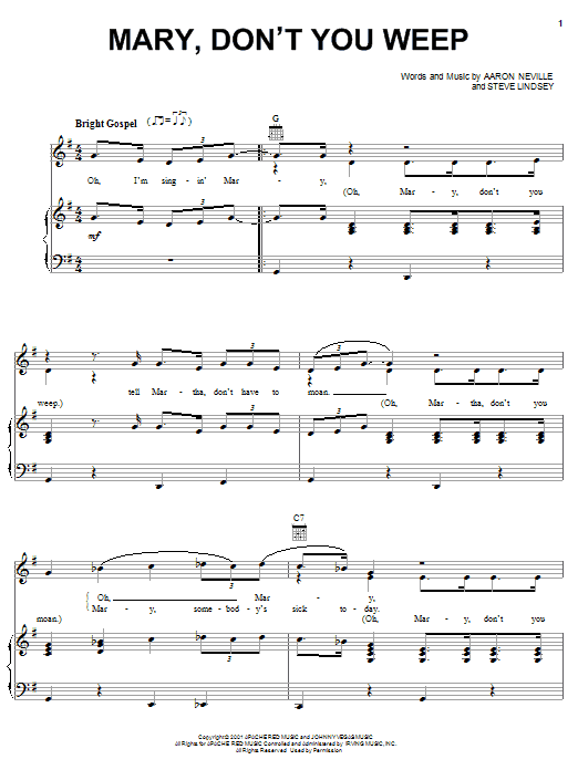 Aaron Neville Mary Don't You Weep sheet music notes and chords arranged for Piano, Vocal & Guitar Chords (Right-Hand Melody)