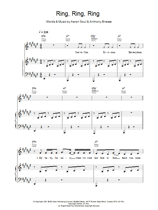 Learn to play Aaron Soul Ring, Ring, Ring sheet music for Piano, Vocal & Guitar Chords in minutes. Price: 7.8900$ Aaron Soul Ring, Ring, Ring sheet music notes and chords arranged for Piano, Vocal & Guitar Chords