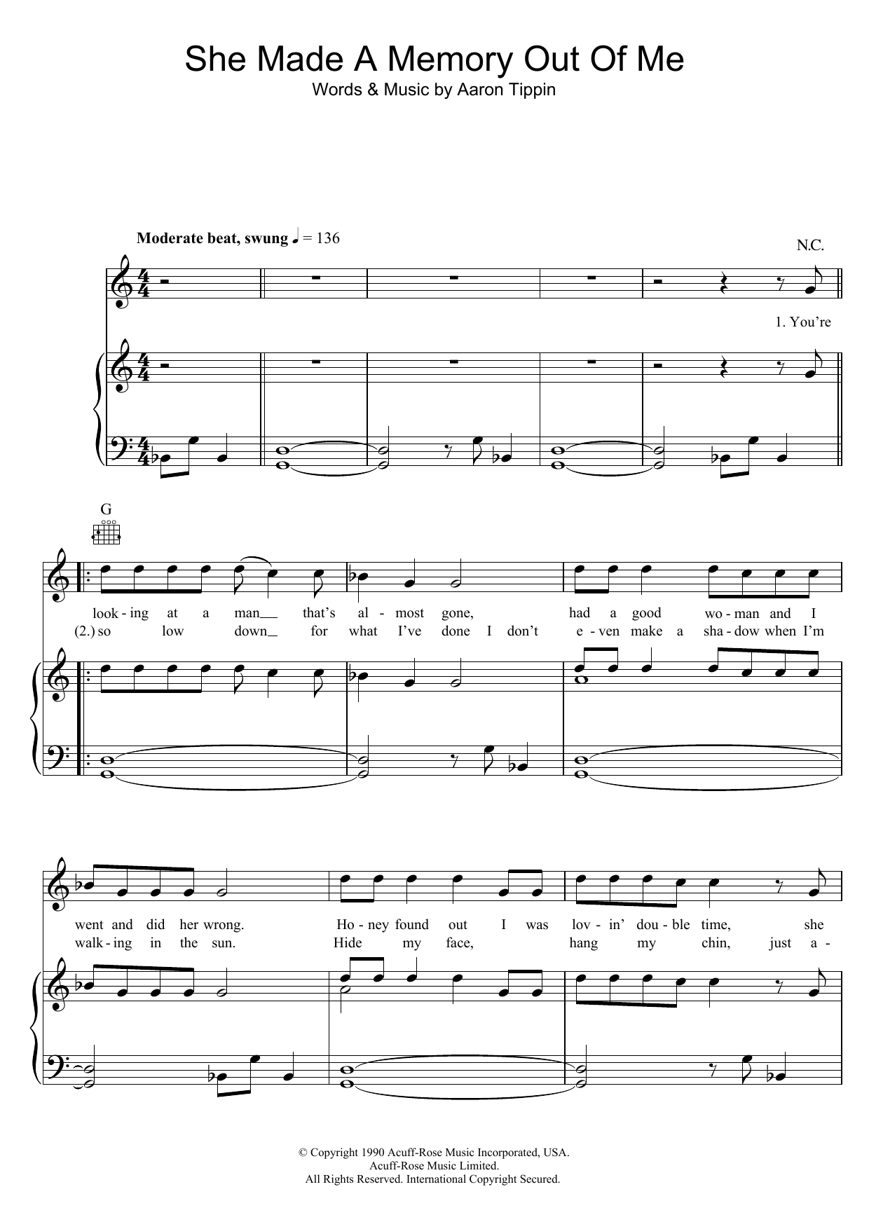 Learn to play Aaron Tippin She Made A Memory Out Of Me sheet music for Piano, Vocal & Guitar Chords in minutes. Price: 7.8900$ Aaron Tippin She Made A Memory Out Of Me sheet music notes and chords arranged for Piano, Vocal & Guitar Chords