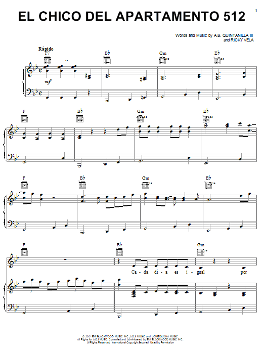 A.B. Quintanilla III El Chico Del Apartamento 512 sheet music notes and chords arranged for Piano, Vocal & Guitar Chords (Right-Hand Melody)