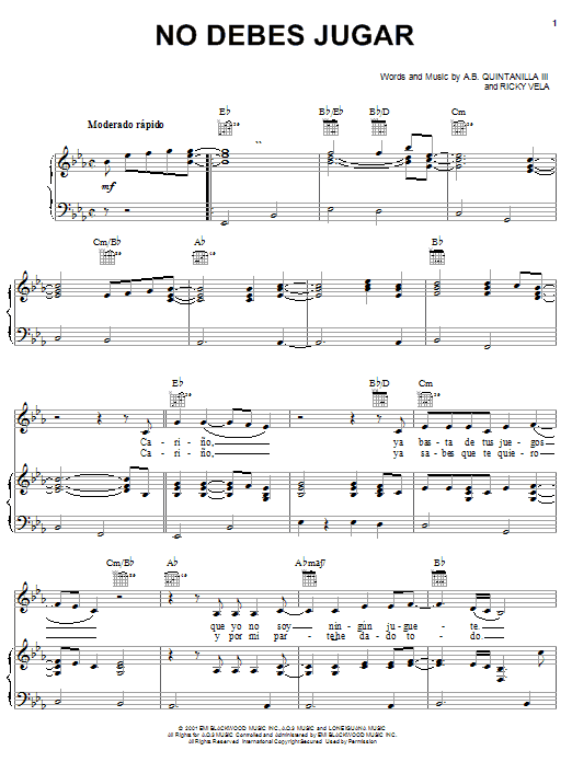 A.B. Quintanilla III No Debes Jugar sheet music notes and chords arranged for Piano, Vocal & Guitar Chords (Right-Hand Melody)