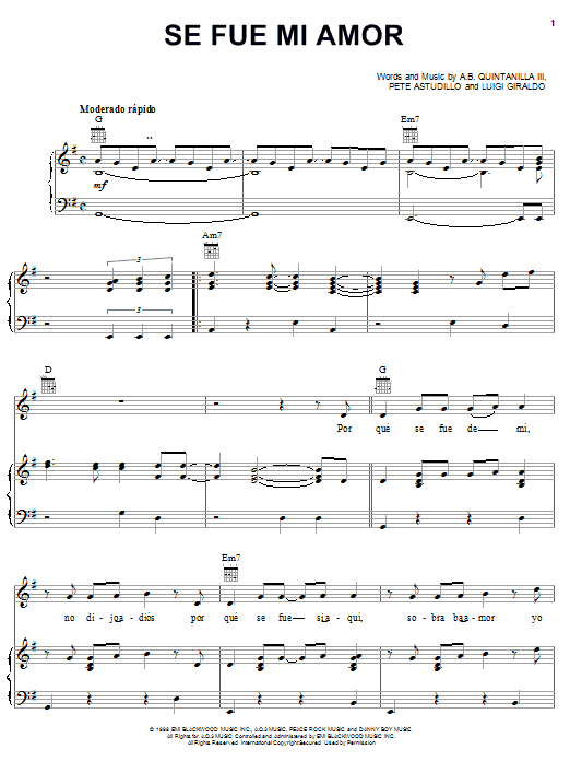 A.B. Quintanilla III Se Fue Mi Amor sheet music notes and chords arranged for Piano, Vocal & Guitar Chords (Right-Hand Melody)