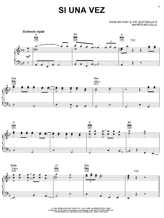 A.B. Quintanilla III Si Una Vez sheet music notes and chords arranged for Piano, Vocal & Guitar Chords (Right-Hand Melody)