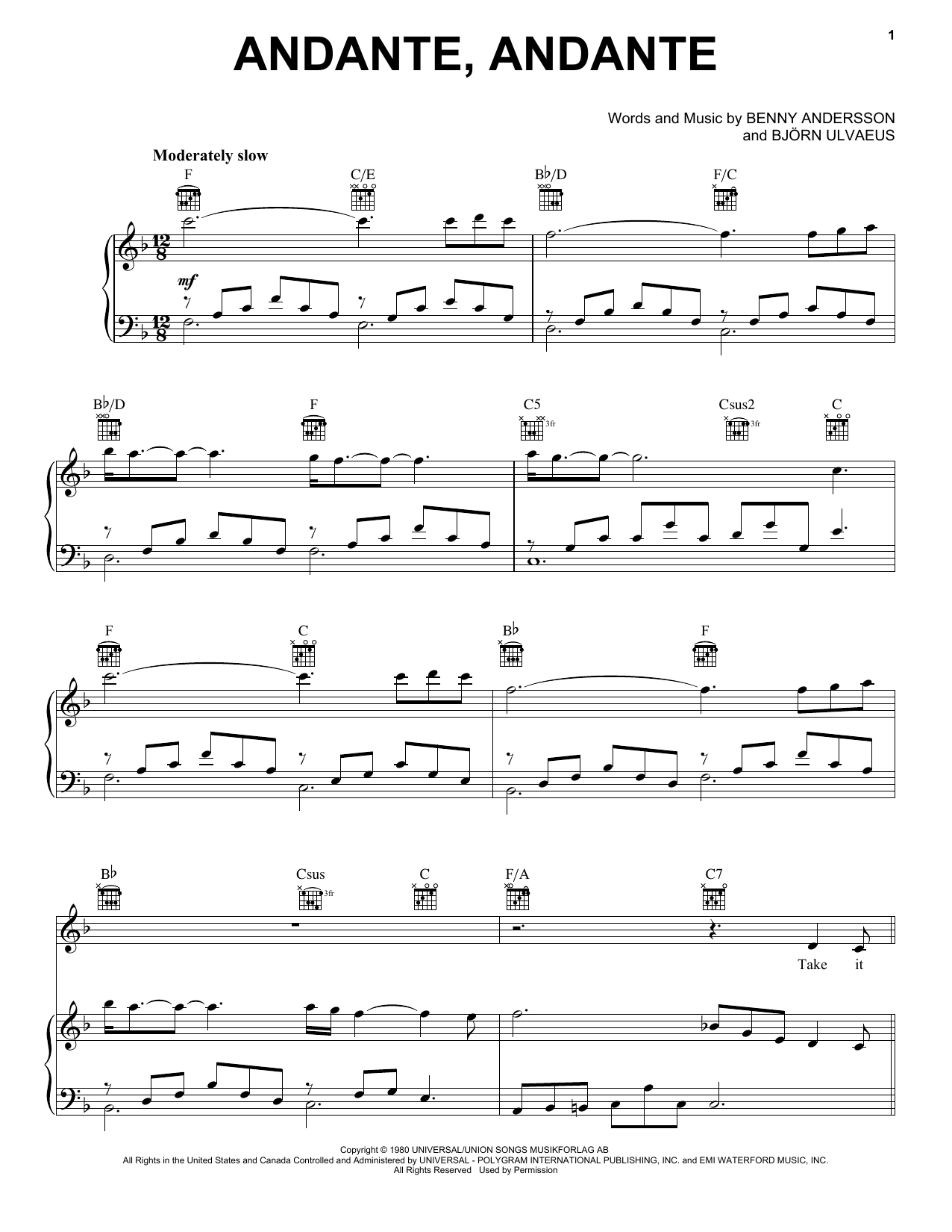 ABBA Andante, Andante (from Mamma Mia! Here We Go Again) sheet music notes and chords. Download Printable PDF.