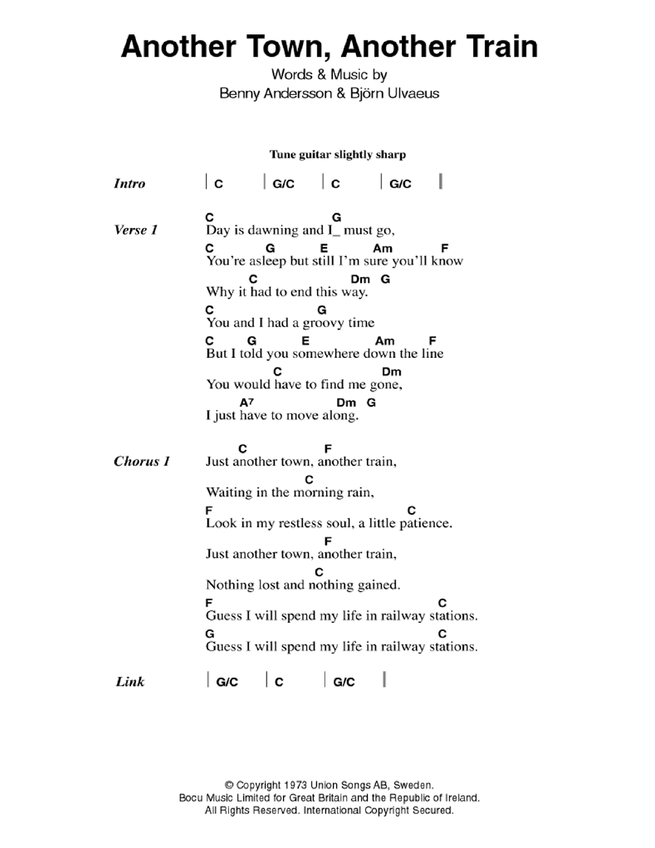 ABBA Another Town, Another Train sheet music notes and chords. Download Printable PDF.