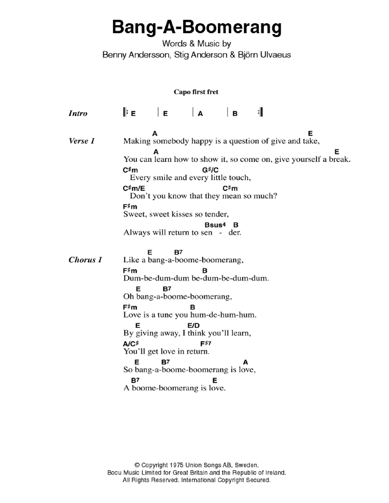 ABBA Bang-A-Boomerang sheet music notes and chords. Download Printable PDF.