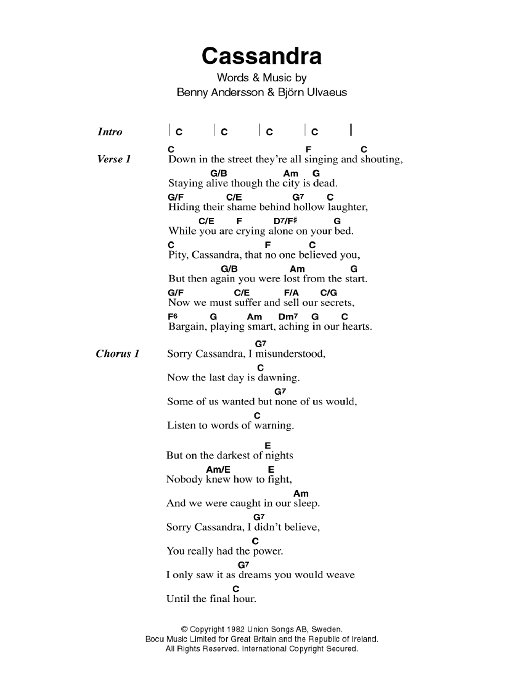 ABBA Cassandra sheet music notes and chords. Download Printable PDF.