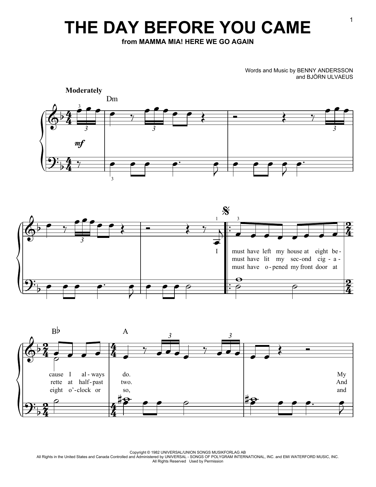 ABBA Day Before You Came (from Mamma Mia! Here We Go Again) sheet music notes and chords. Download Printable PDF.