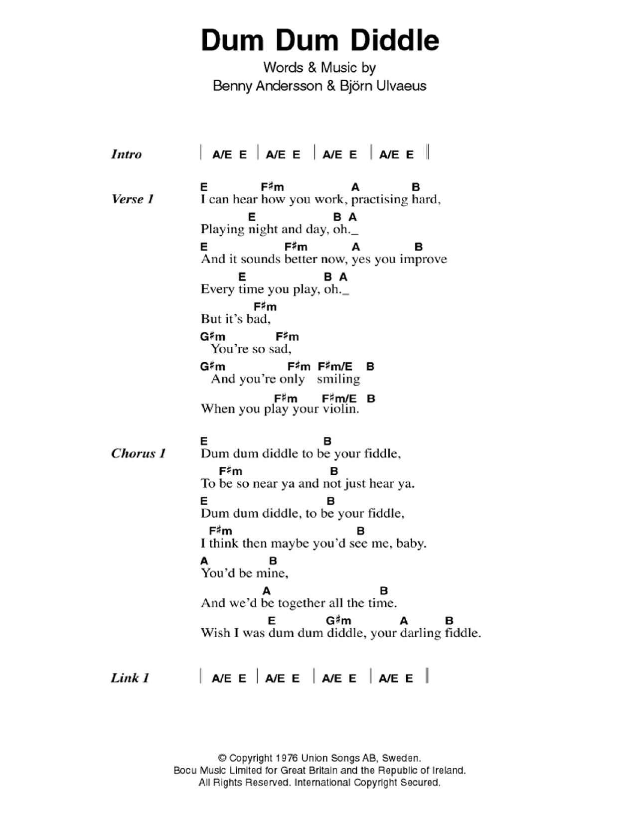 ABBA Dum Dum Diddle sheet music notes and chords. Download Printable PDF.