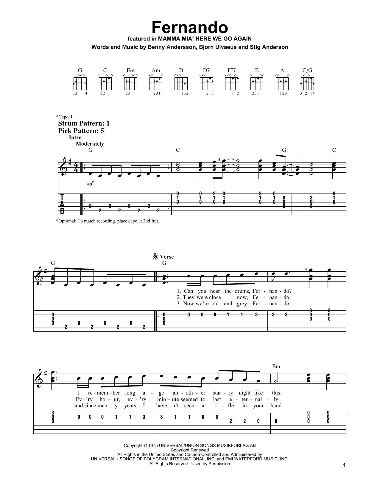 ABBA Fernando (from Mamma Mia! Here We Go Again) sheet music notes and chords. Download Printable PDF.