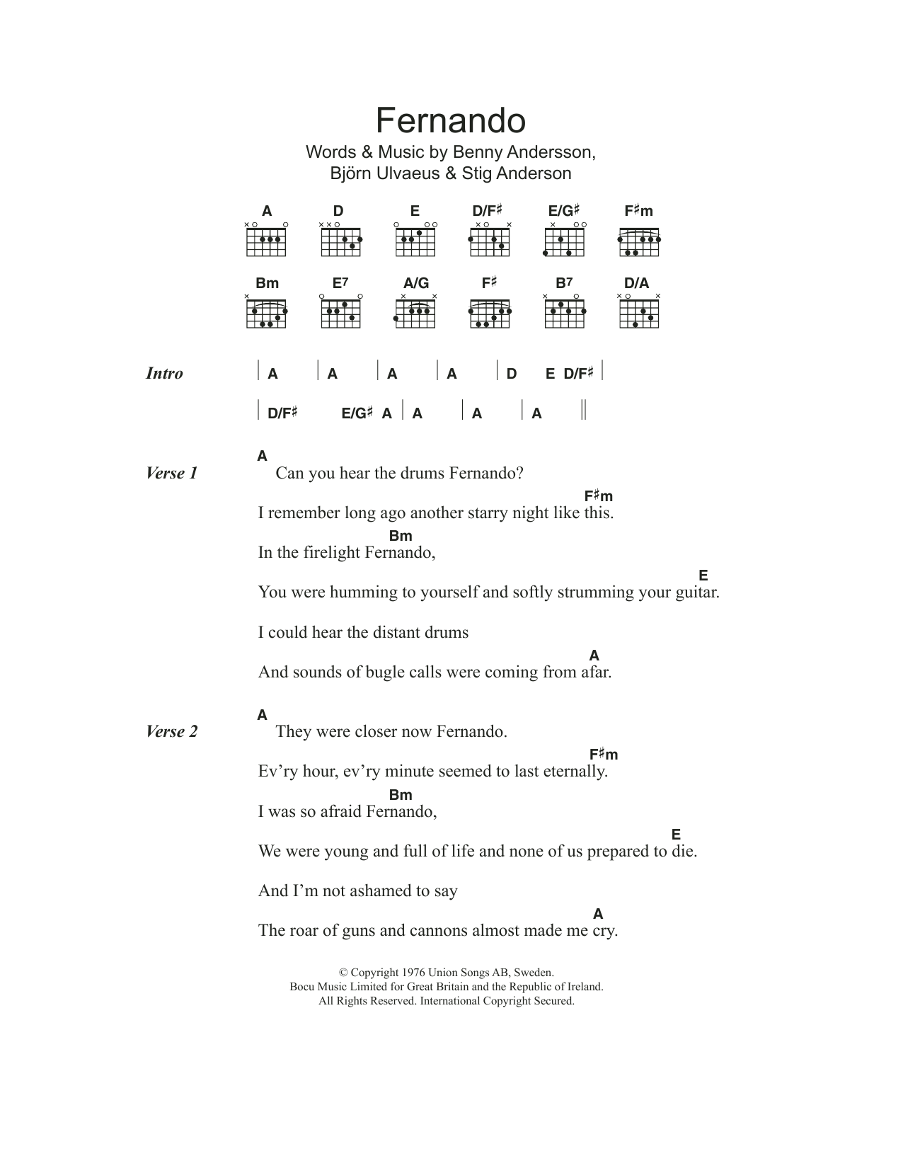 ABBA Fernando sheet music notes and chords. Download Printable PDF.