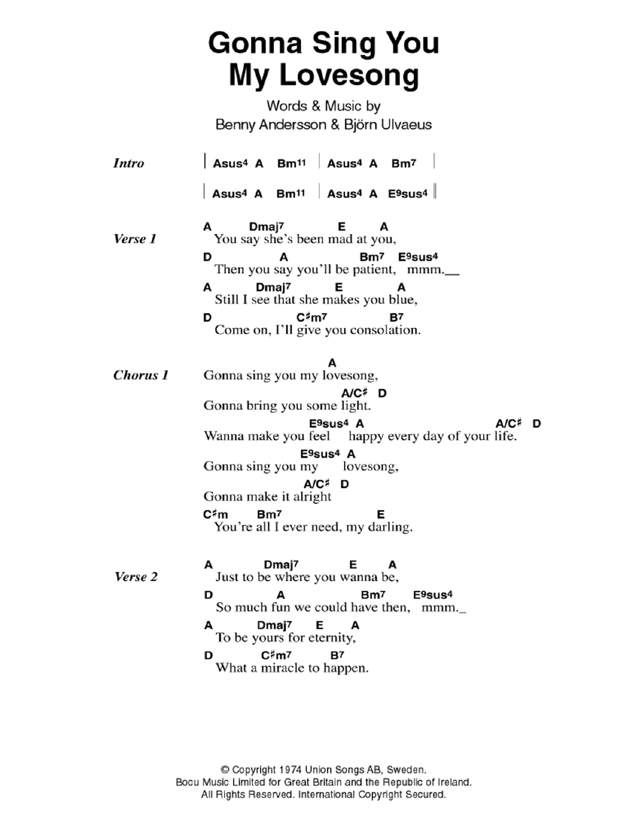 ABBA Gonna Sing You My Lovesong sheet music notes and chords. Download Printable PDF.