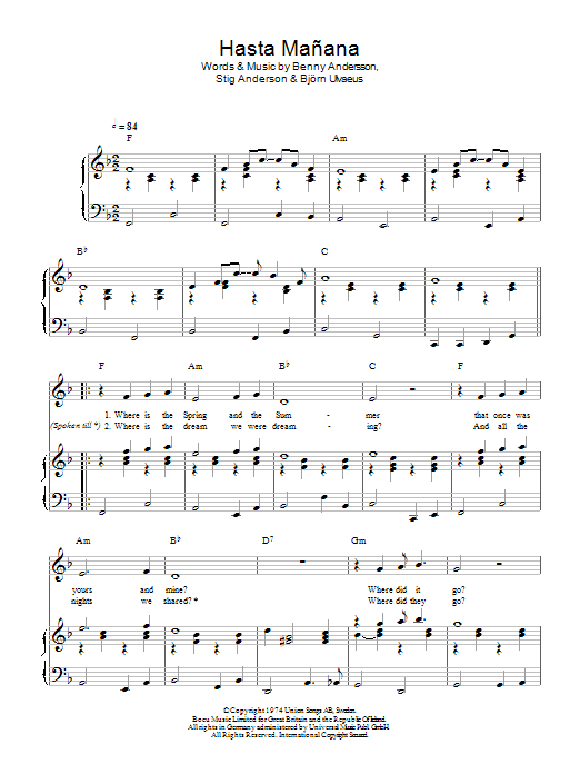 ABBA Hasta Manana sheet music notes and chords. Download Printable PDF.