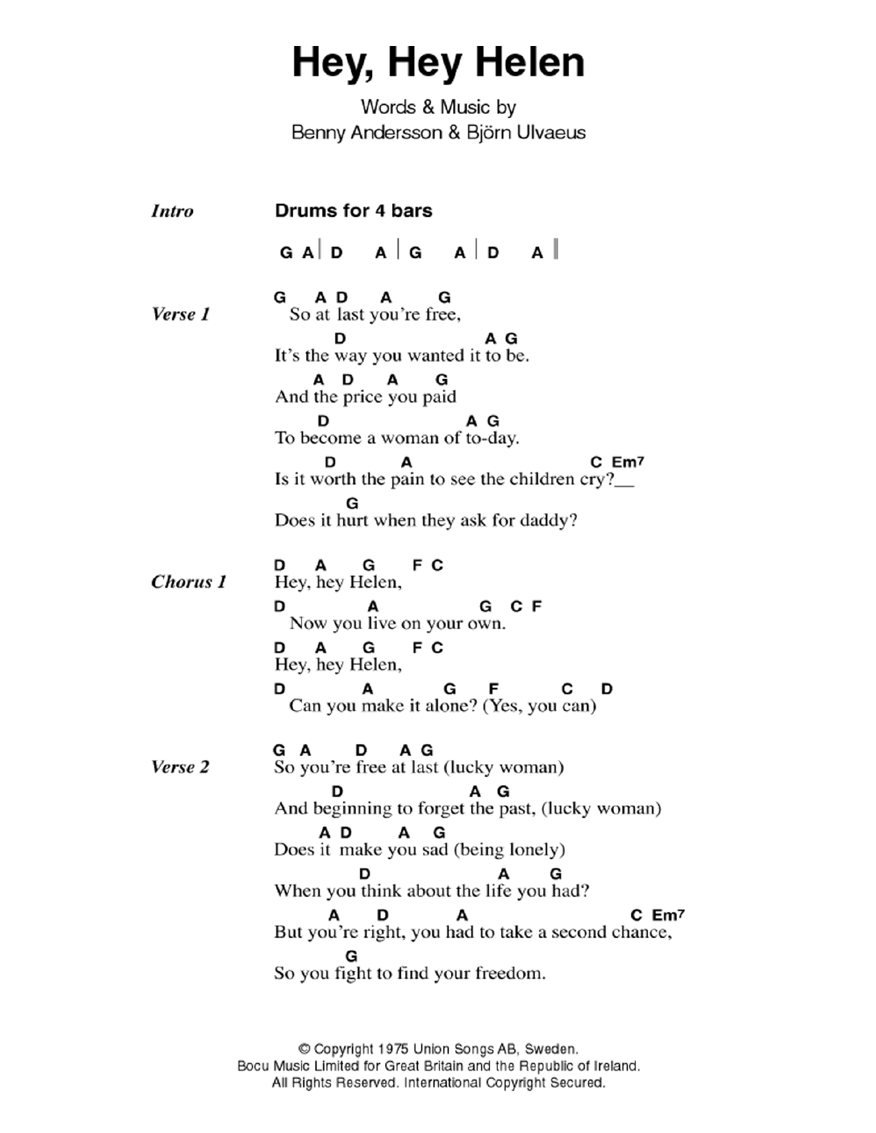 ABBA Hey, Hey Helen sheet music notes and chords. Download Printable PDF.