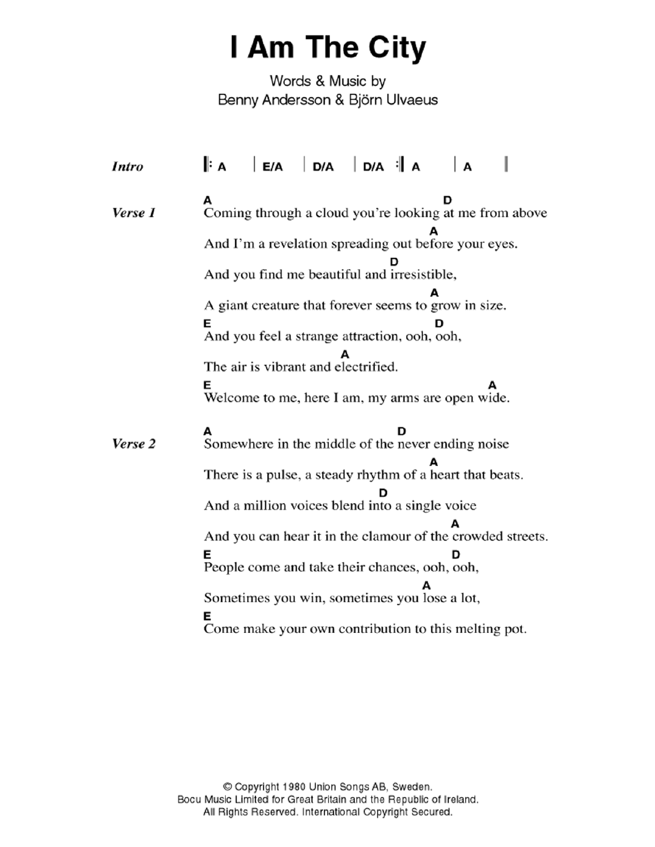 ABBA I Am The City sheet music notes and chords. Download Printable PDF.