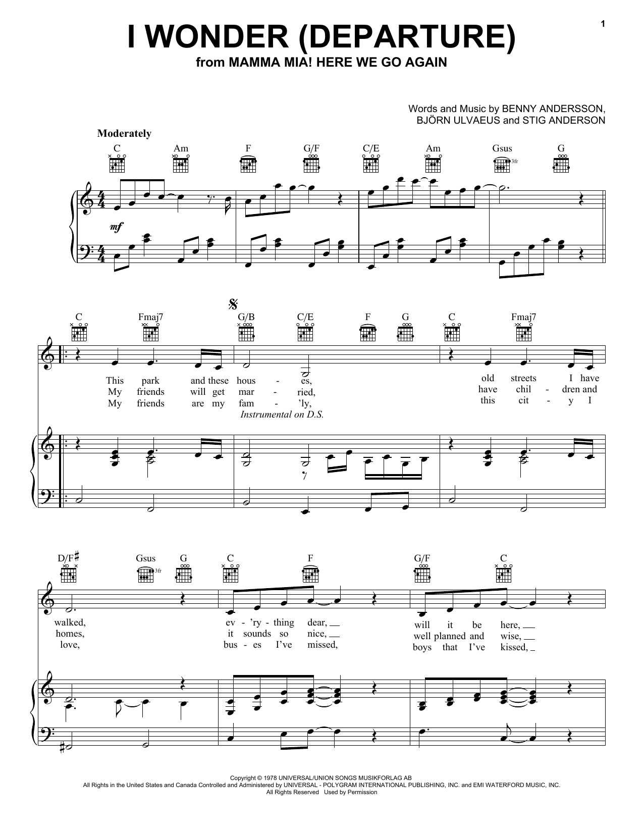 ABBA I Wonder (Departure) (from Mamma Mia! Here We Go Again) sheet music notes and chords. Download Printable PDF.