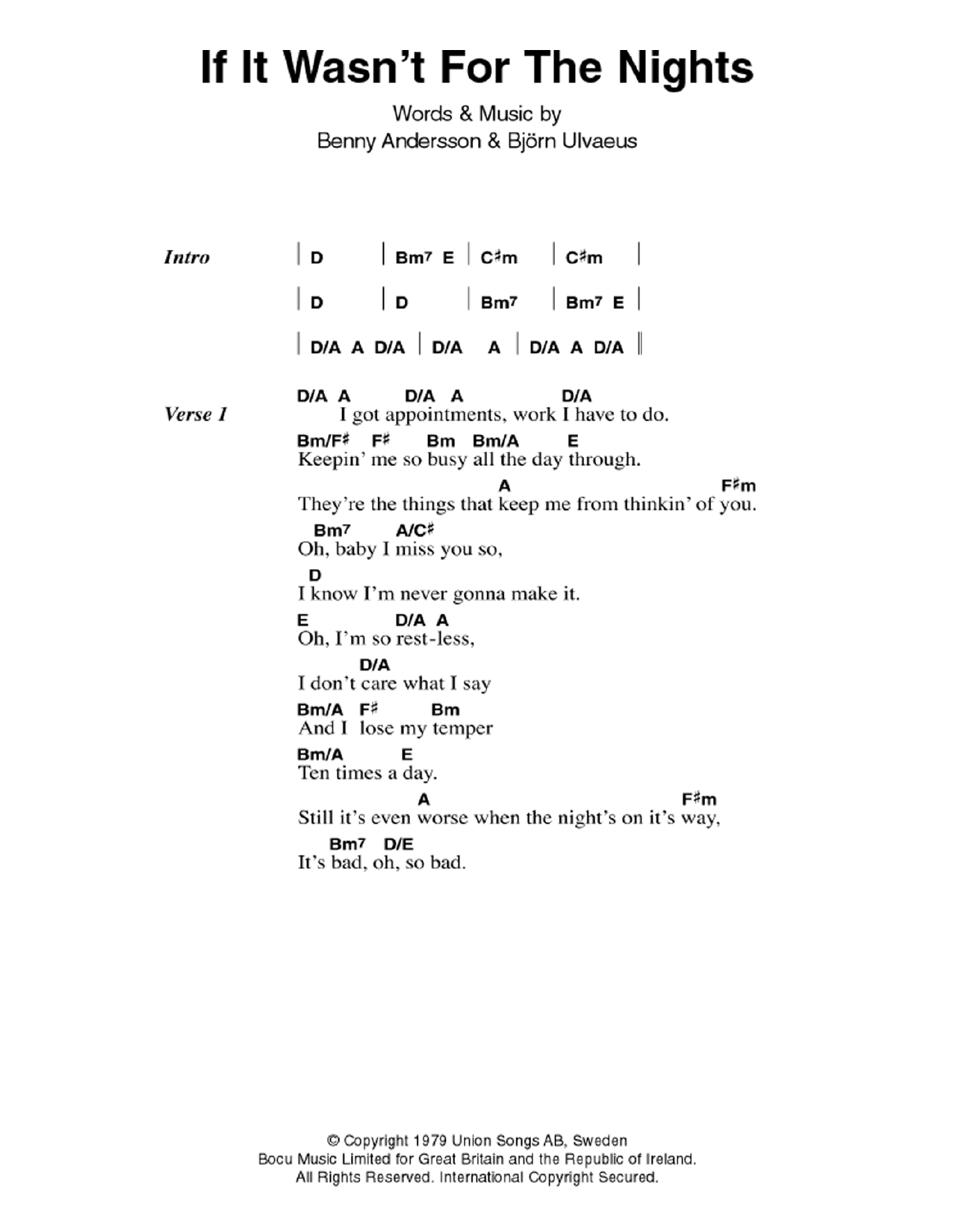 ABBA If It Wasn't For The Nights sheet music notes and chords. Download Printable PDF.